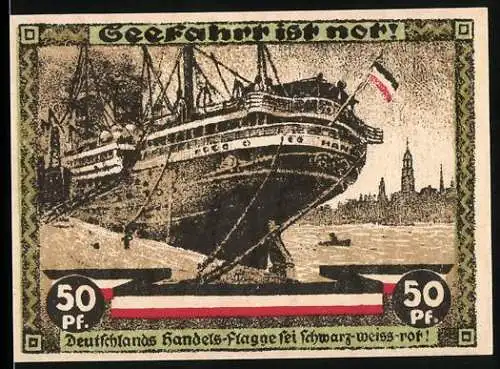 Notgeld Hamburg 1921, 50 Pfennig, Schiff mit Handels-Flagge und Säule mit Figur