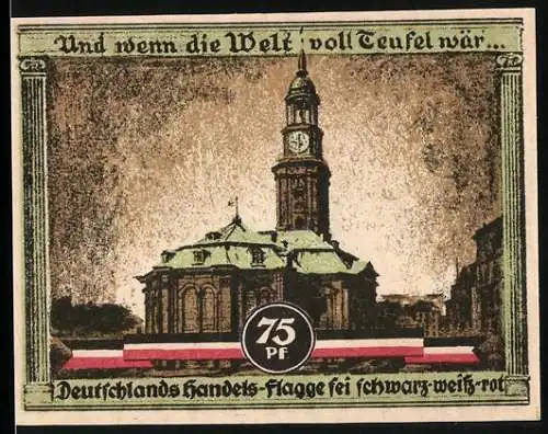 Notgeld Hamburg, 1921, 75 Pf., Kultur- und Sportwoche, Gebäude mit Uhrturm und deutsche Flagge