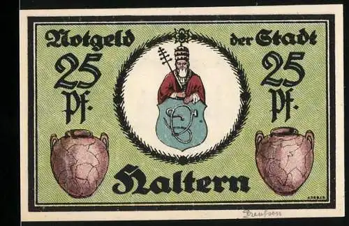 Notgeld Haltern, 1921, 25 Pf, Front mit Stadtwappen und Tongefässen, Stadtmauer und Gültigkeitstext