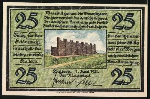 Notgeld Haltern, 1921, 25 Pf, Front mit Stadtwappen und Tongefässen, Stadtmauer und Gültigkeitstext