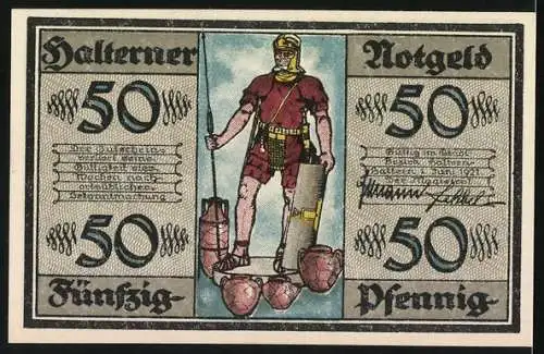 Notgeld Haltern, 50 Pfennig, Stadttor und römischer Legionär mit Schild