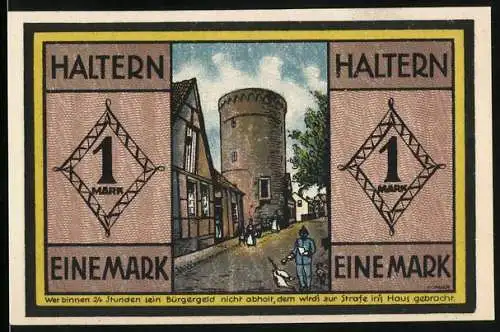 Notgeld Haltern 1921, 1 Mark, Stadtansicht mit Turm und Fachwerkhäusern, Text über Wert und Gültigkeit