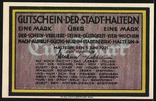 Notgeld Haltern 1921, 1 Mark, Stadtansicht mit Turm und Fachwerkhäusern, Text über Wert und Gültigkeit