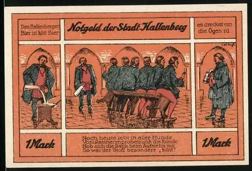 Notgeld Hallenberg 1921, 1 Mark, Darstellung des Hallenberger Biers und des alten städtischen Brauhauses