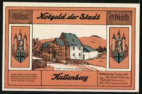 Notgeld Hallenberg 1921, 1 Mark, Darstellung des Hallenberger Biers und des alten städtischen Brauhauses