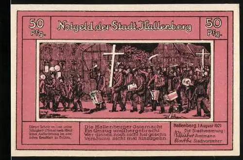 Notgeld Hallenberg 1921, 50 Pfennig, Osterbrauch-Umzug und Stadtansicht