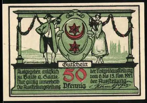 Notgeld Halle a. d. Saale, 1921, 50 Pfennig, Halloren-Motiv, Ausstellungsgutschein