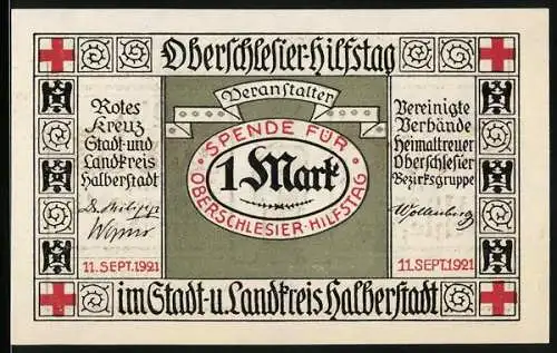 Notgeld Halberstadt, 1921, 1 Mark, Spende für Oberschlesier-Hilfstag, rote Kreuze und Text, grosse Not in Oberschlesien