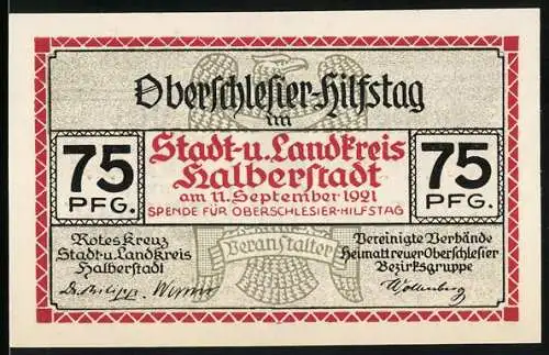 Notgeld Halberstadt 1921, 75 Pfennig, Oberschlesier-Hilfstag und grosse Not in Oberschlesien