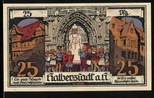 Notgeld Halberstadt 1921, 25 Pfennig, bunte Darstellung mit Gebäuden und Szene vor Kirche, Ritter und Text