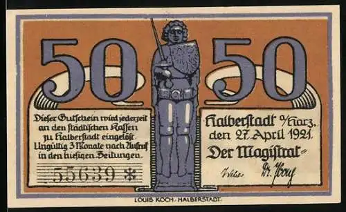 Notgeld Halberstadt 1921, 50 Pfennig, beidseitig bedruckt mit Stadtwappen und Bischof