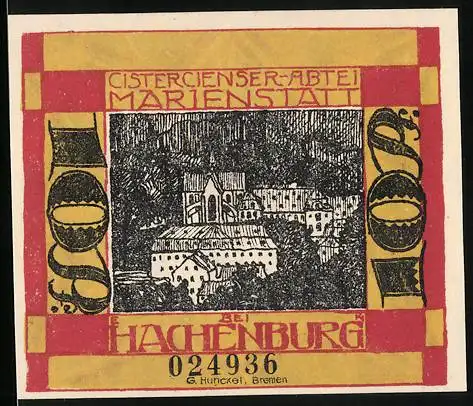 Notgeld Hachenburg, 1921, 10 Pfennig, Cistercienser-Abtei Marienstatt bei Hachenburg, Seriennummer: 024936