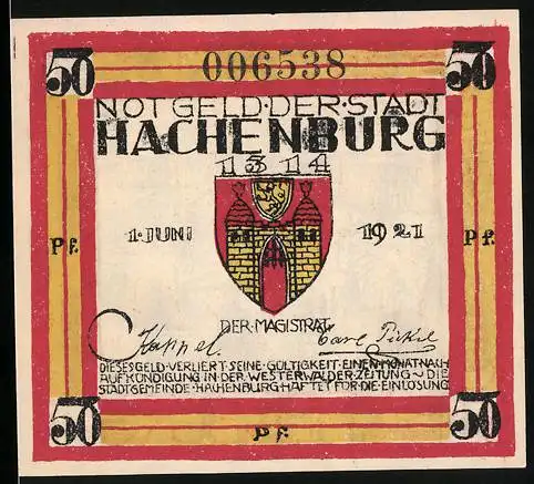 Notgeld Hachenburg 1921, 50 Pfennig, Stadtwappen und Klosteransicht