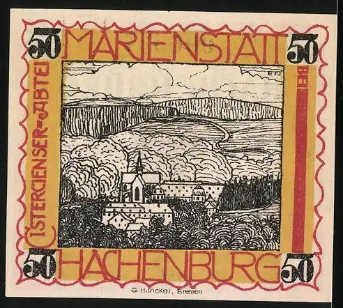 Notgeld Hachenburg 1921, 50 Pfennig, Stadtwappen und Klosteransicht