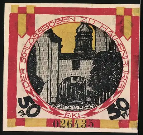 Notgeld Hachenburg 1921, 50 Pfennig, Stadtwappen und Schlossbogen zu Hachenburg