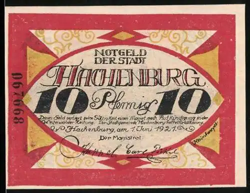 Notgeld Hachenburg 1921, 10 Pfennig, Stadtansicht und rote Verzierung