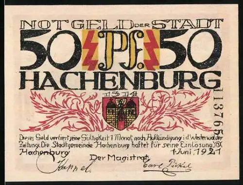 Notgeld Hachenburg, 1921, 50 Pf, Stadtwappen und Stadtansicht, Seriennummer 113765