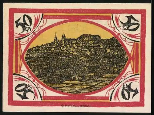 Notgeld Hachenburg, 1921, 50 Pf, Stadtwappen und Stadtansicht, Seriennummer 113765