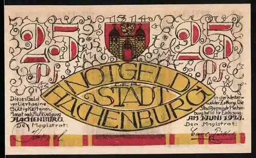 Notgeld Hachenburg, 1921, 25 Pfennig, Stadtansicht und Stadtwappen, gelb-rot mit Unterschriften und Seriennummer