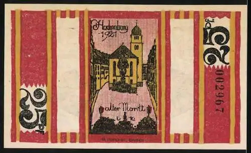 Notgeld Hachenburg, 1921, 25 Pfennig, Stadtansicht und Stadtwappen, gelb-rot mit Unterschriften und Seriennummer