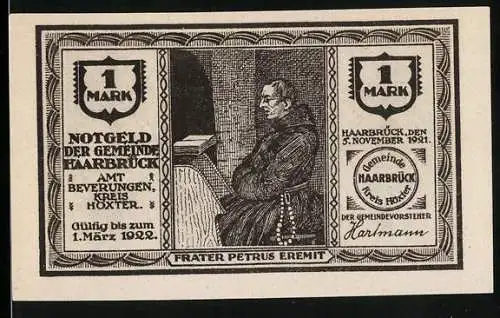 Notgeld Haarbrück 1921, 1 Mark, Frater Petrus Eremit und Klus-Edessen Kirche