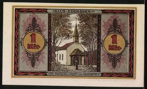 Notgeld Haarbrück 1921, 1 Mark, Frater Petrus Eremit und Klus-Edessen Kirche