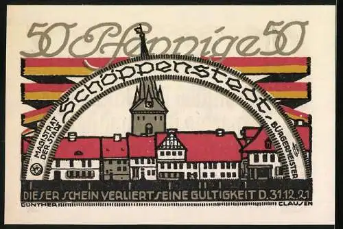 Notgeld Schöppenstedt 1921, 50 Pfennig, Kirche und historische Gebäude, Gültigkeit bis 31.12.21