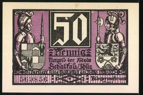 Notgeld Schalkau, 1921, 50 Pfennig, Ritter und Burg im Hintergrund, Seriennummer 569856