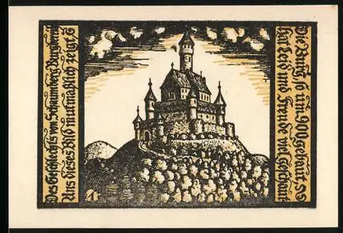 Notgeld Schalkau / Thür, 50 Pfennig, Burg und Ritter mit Wappen, Bürgermeisterstempel