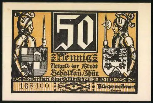 Notgeld Schalkau / Thür, 50 Pfennig, Burg und Ritter mit Wappen, Bürgermeisterstempel