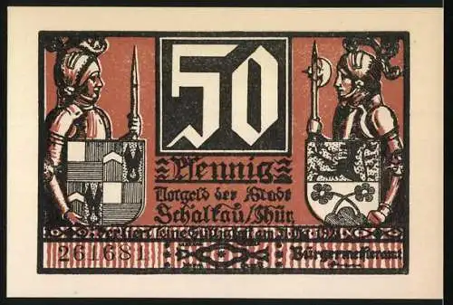 Notgeld Schalkau, 50 Pfennig, Ritter mit Wappen und mittelalterliche Soldaten, 1921