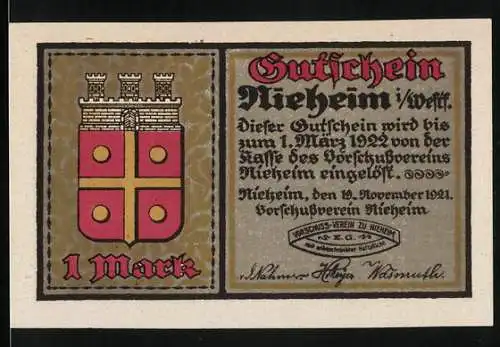 Notgeld Nieheim 1921, 1 Mark, Gutschein mit Stadtwappen und altem Patrizierhaus am Richterplatz