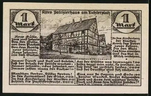 Notgeld Nieheim 1921, 1 Mark, Gutschein mit Stadtwappen und altem Patrizierhaus am Richterplatz