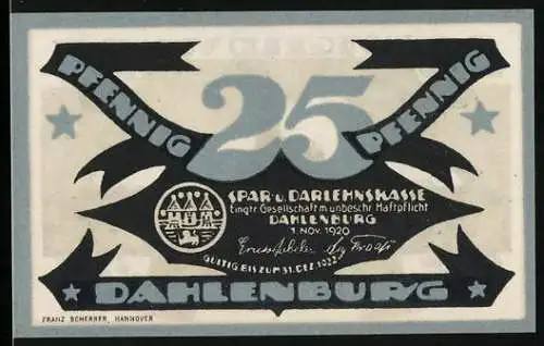 Notgeld Dahlenburg 1920, 25 Pfennig, Spar- und Darlehenskasse, Stadtansicht und Spruch