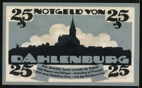 Notgeld Dahlenburg 1920, 25 Pfennig, Spar- und Darlehenskasse, Stadtansicht und Spruch