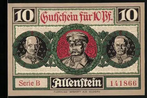 Notgeld Allenstein, 1921, 10 Pf, Serie B, Generalporträts und Bäckerszene vor Ofen