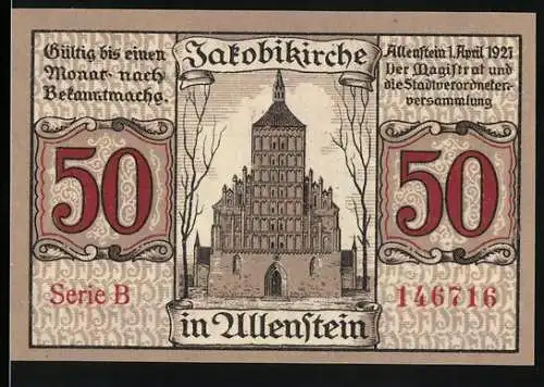 Notgeld Allenstein, 1921, 50 Pfennig, Jakobi-Kirche und Johann von Leyssen