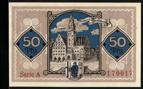 Notgeld Allenstein, 1921, 50 Pfennig, Rathaus und Stadtwappen, Serie A, Nr. 170017