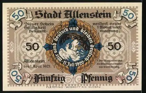 Notgeld Allenstein, 1921, 50 Pfennig, Rathaus und Stadtwappen, Serie A, Nr. 170017