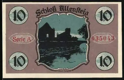 Notgeld Allenstein, 1921, 10 Pfennig, Schloss Allenstein und Nikolaus Kopernikus Porträt