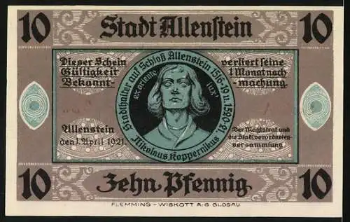 Notgeld Allenstein, 1921, 10 Pfennig, Schloss Allenstein und Nikolaus Kopernikus Porträt