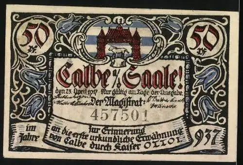 Notgeld Calbe (Saale), 1921, 50 Pfennig, Stadtarchiv-Szene mit Stadtwappen und historischem Gebäude