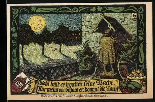 Notgeld Calbe an der Saale, 1917, 50 Pfennig, Wachtmann und Stadtwappen, Rats Druckerei R Dulce Künstlerdruck Glauchau