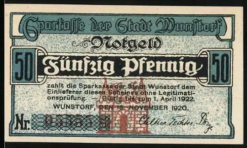 Notgeld Wunstorf 1920, 50 Pfennig, Text und Stadtwappen, Kloster und lateinischer Text