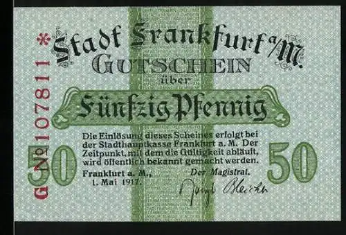 Notgeld Frankfurt a. M., 1917, 50 Pfennig, Gutschein über Fünfzig Pfennig, Seriennummer G.Nr. 107811