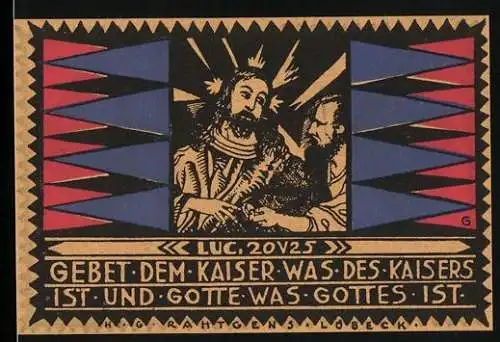 Notgeld Lübeck 1921, 50 Pfennig, Gebet dem Kaiser was des Kaisers ist, Ausgabe der ev.-luth. Landeskirche