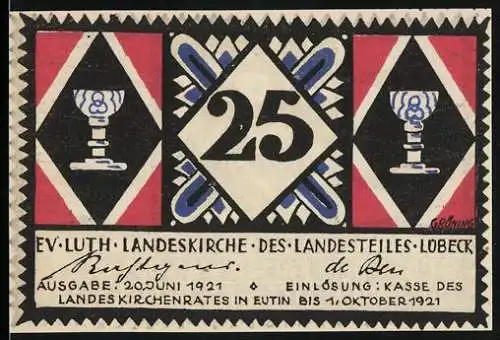 Notgeld Lübeck, 1921, 25 Pfennig, Evangelische Kirche, Kelch und Bibelzitat