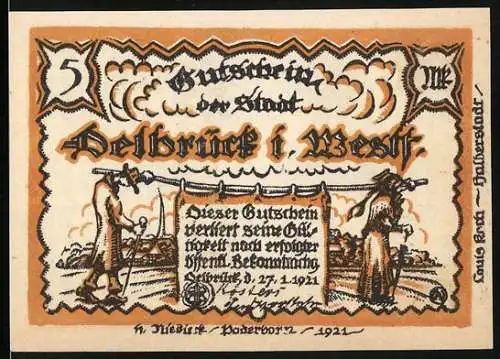 Notgeld Delbrück i. Westf., 1921, 5 Mk, Gutschein der Stadt mit landwirtschaftlichem Motiv und Spruch auf Rückseite