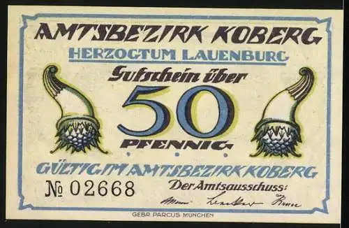 Notgeld Koberg, 50 Pfennig, Landschaft und Amtsbezirk Koberg Herzogtum Lauenburg