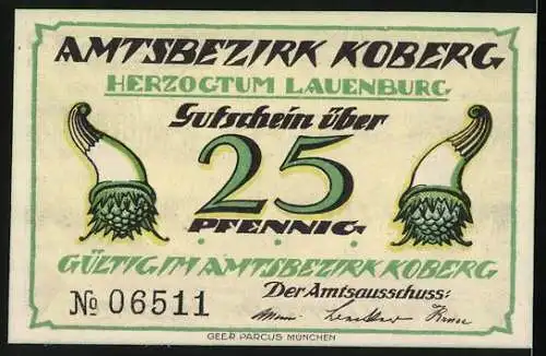 Notgeld Koberg, 25 Pfennig, Wallberg bei Koberg mit Waldmotiv, Amtsbezirk Koberg, Herzogtum Lauenburg